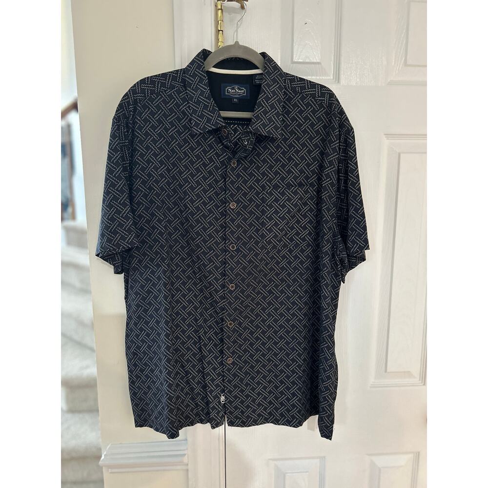 Nat Nast Silk & Cotton Black & Navy Mosaic Print Button Down Shirt
